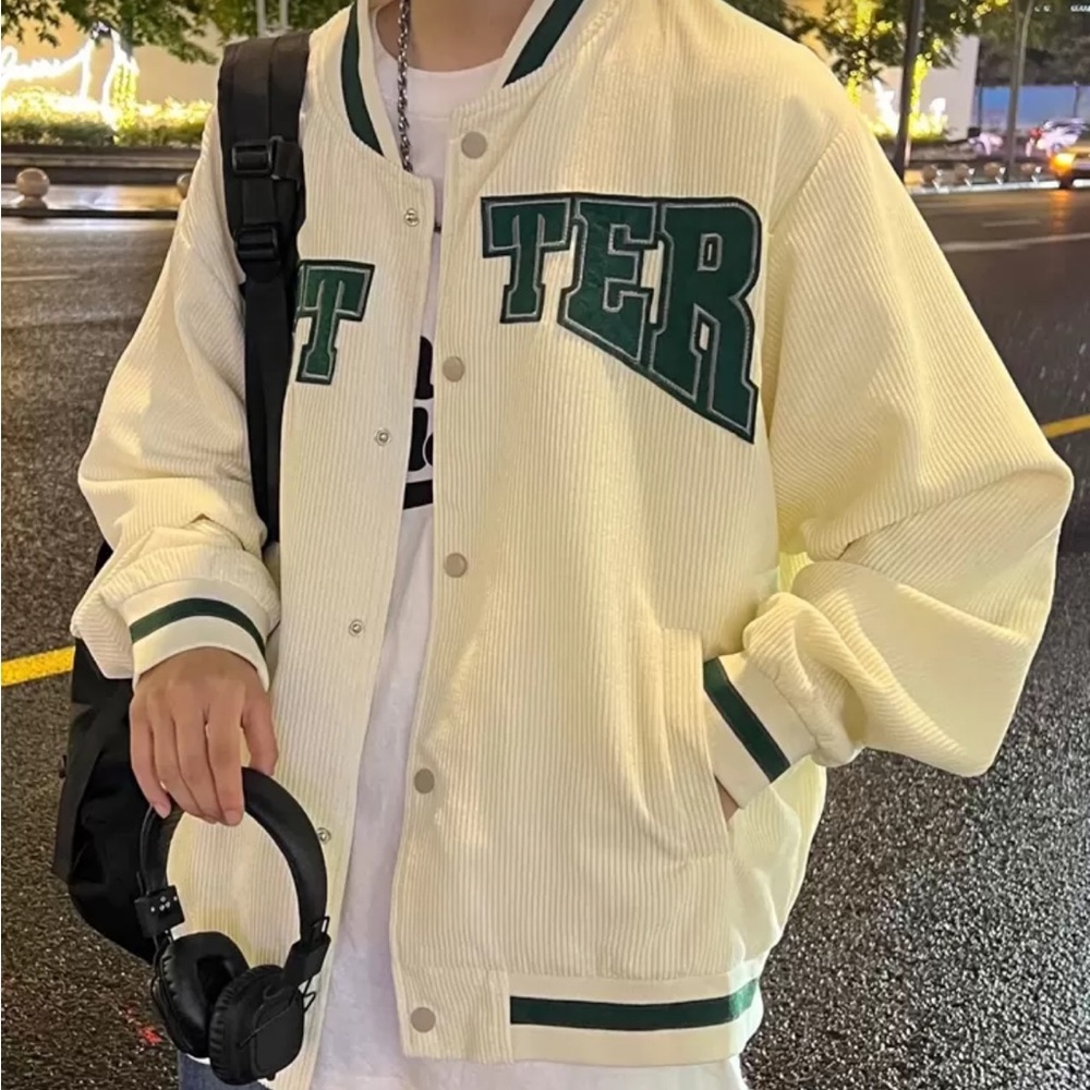 Unisex oversized Cream Varsity Jacket with Green Accents